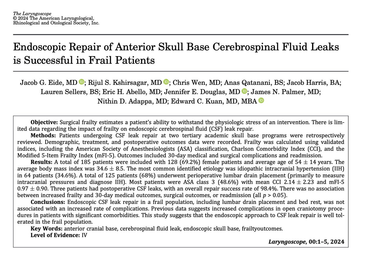 Paging all Skull Base Surgeons. We have a leak y'all need to repair..... pubmed.ncbi.nlm.nih.gov/38581362/