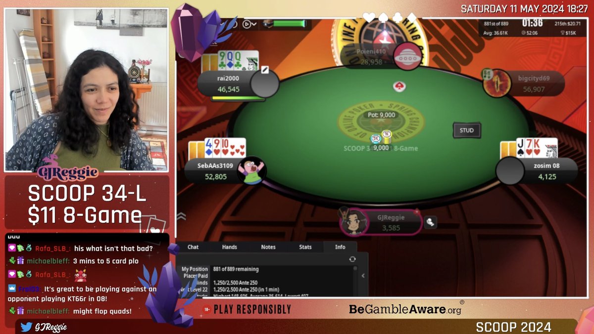 Let’s go @GJReggie. It’s final table time in the $109 Stud Hi-Lo event. Cards are in the air, join the rail 👉 twitch.tv/gjreggie