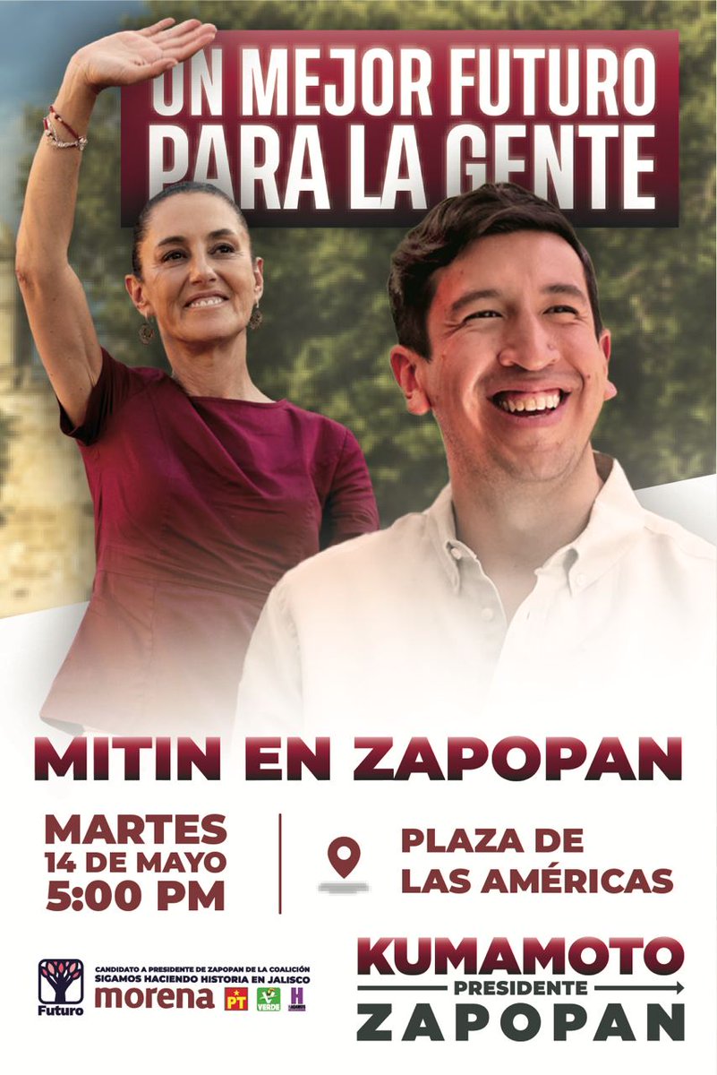 pkumamoto's tweet photo. Este martes @Claudiashein viene para hablar sobre la transformación que llega a nuestro municipio y cómo en coordinación lograremos #UnMejorZapopanParaLaGente. 🌳

Nos vemos el martes a las 5 pm en la Plaza de las Américas. ¡Con Claudia sí hay futuro! 🙌🏽 https://t.co/XnE7Wwpx6J