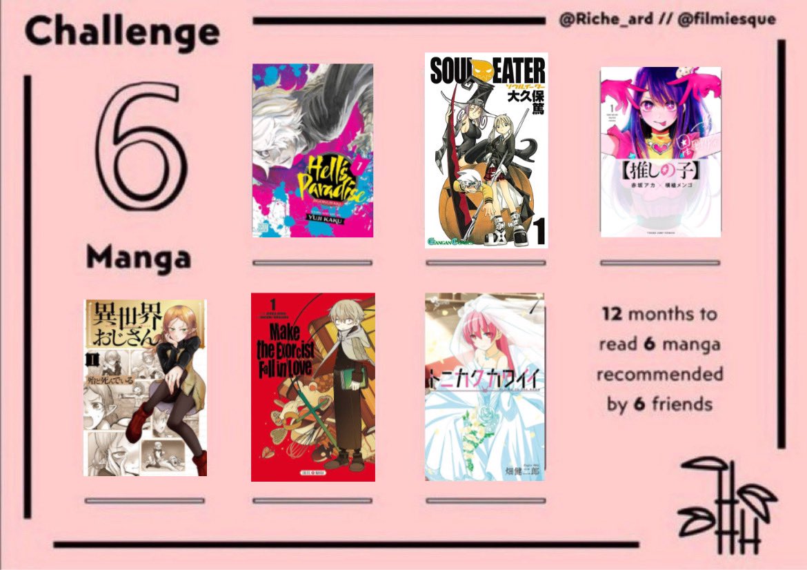 Here is the Manga for the 6 Manga Challenge

Honestly, some of these have a small number of chapters so I might do a pt 2. I’ll start the challenge after I finish Nisekoi