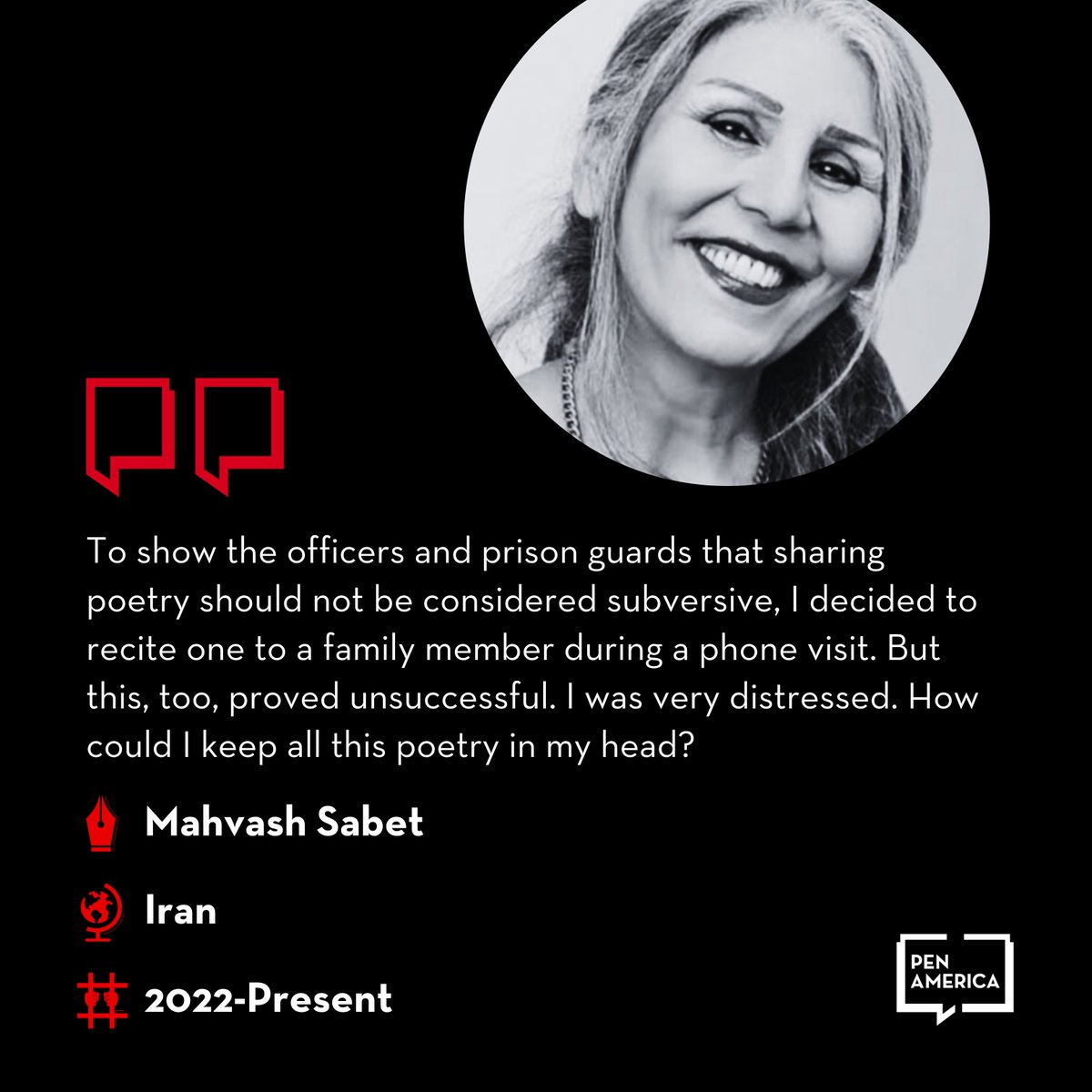 Mahvash Sabet is a poet and Baha’i educator serving a 10-year prison sentence, and one of 49 writers unjustly jailed in Iran for their free expression. In the 2023 Freedom to Write Index, #Iran ranked 2nd in the top 10 list of countries jailing writers: pen.org/report/freedom…