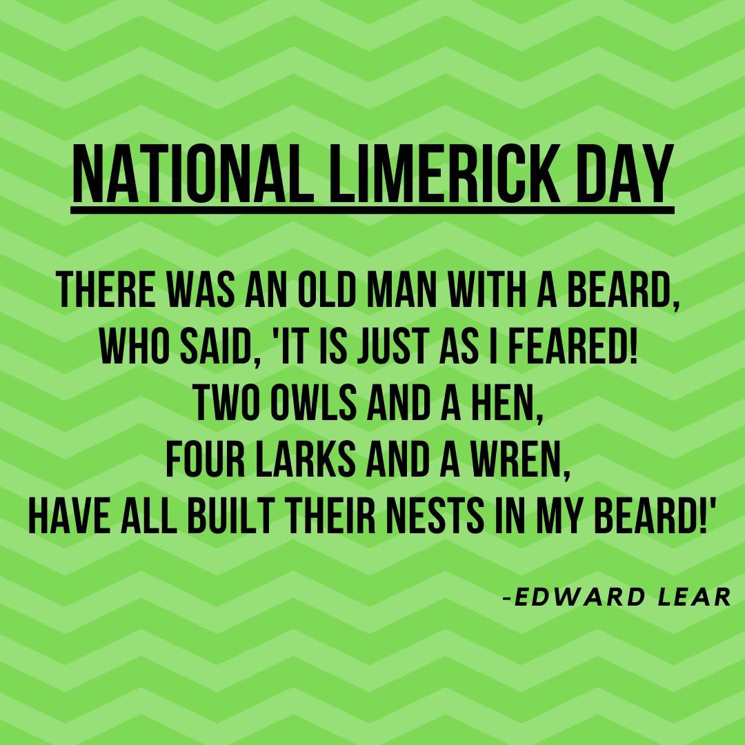 Let's raise a toast to May 12th, National Limerick Day! It's a jubilant ode to Edward Lear, the master of mirth and rhyme, whose whimsical verses still dance in our minds. Embrace the spirit of fun and folly, craft your own limericks, share your favourites #NationalLimerickDay