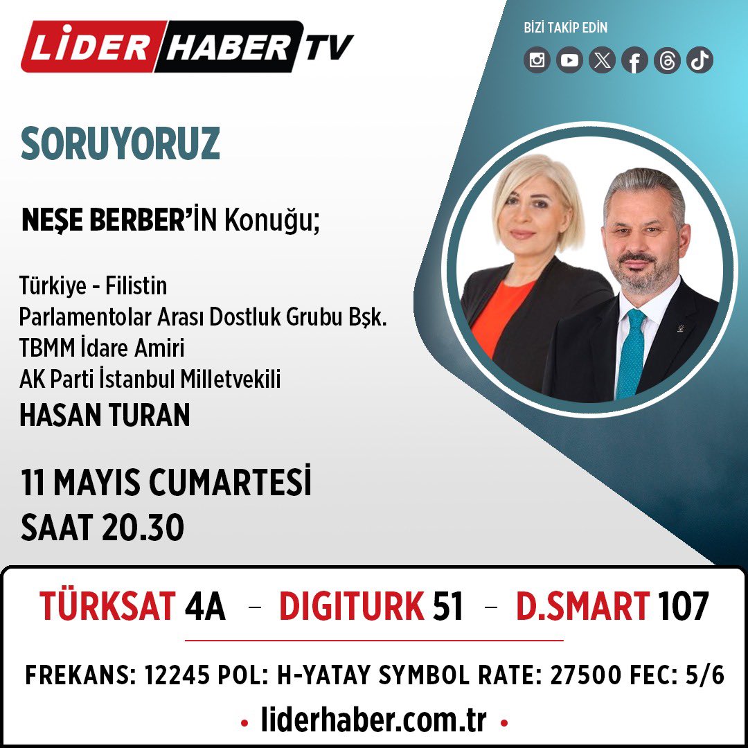 Türkiye ve dünya gündemini konuşmak üzere Lider Haber Tv’de Neşer Berber’in sunduğu “Soruyoruz” programı konuğuyum. Vakti olanları beklerim. 📡 youtube.com/live/vMjapPE_M…