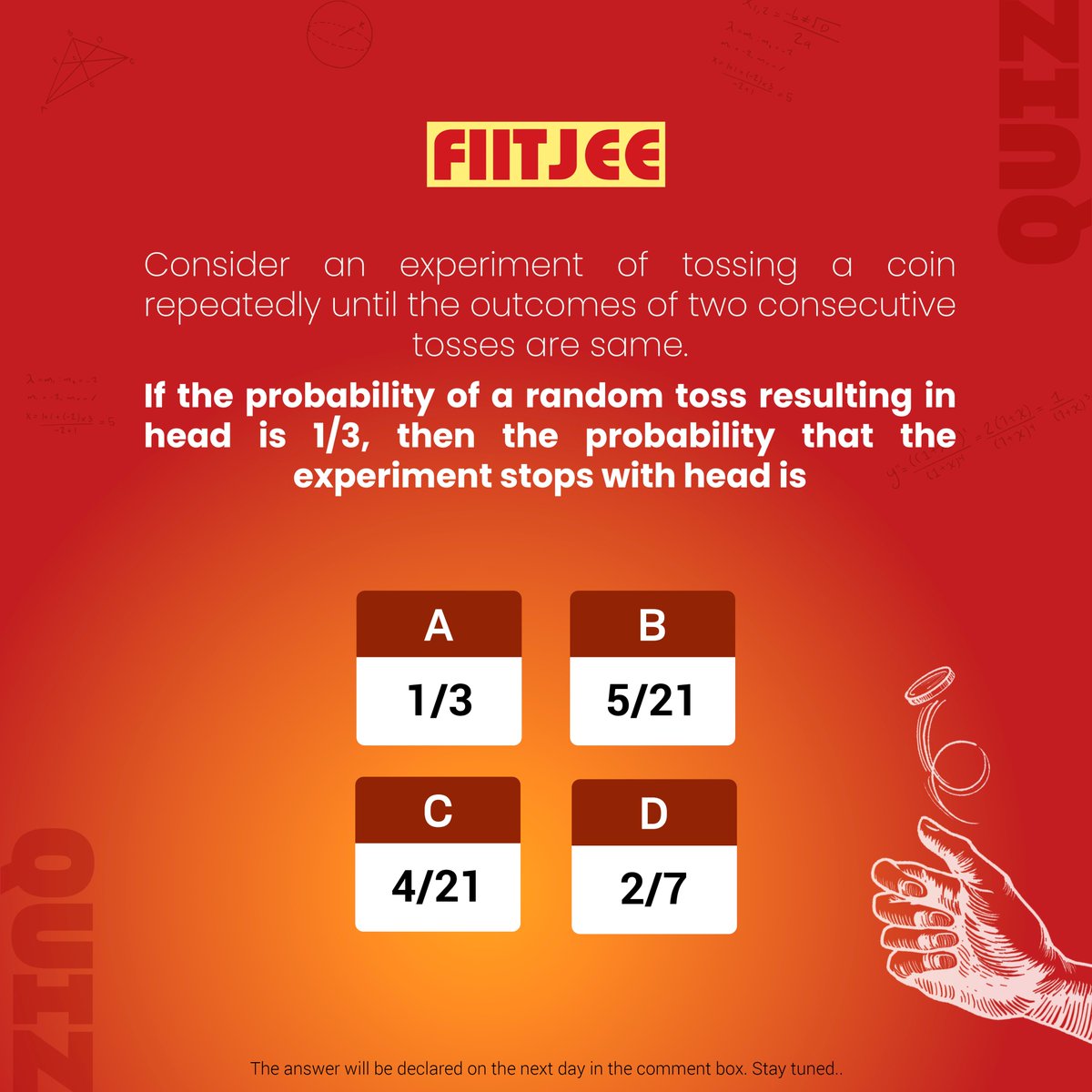 Let's try to solve this aptitude puzzle. 

The answer will be declared on the next day in the comment box. Stay Tuned. Explore more aptitude puzzles by downloading FIITJEE's past test sample papers.

Download now: bit.ly/44BVg9I

#Aptitude #Quiz #QuizChallenge #Puzzle