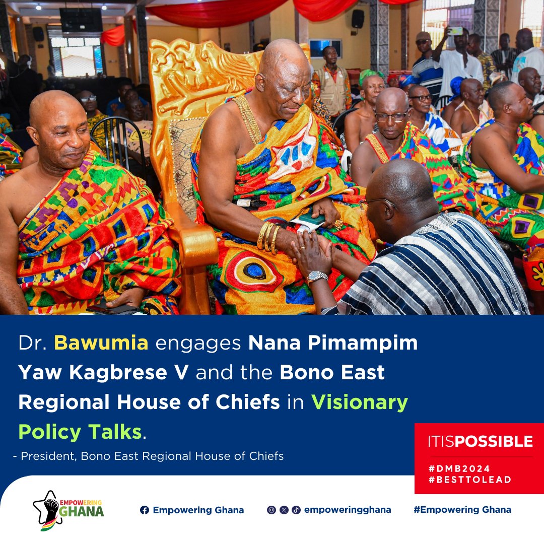 Dr. Bawumia met with 'Nananom' during his Bono East regional tour to discuss his 'bold solutions' for the nation.👏

#EmpoweringGhana #DMB2024 #Ghana #Bawumia2024 #ItIsPossible #Bawumia #YearOfRoads #Ghanasnextchapter #Boldsolutionsforthefuture #boldsolutions