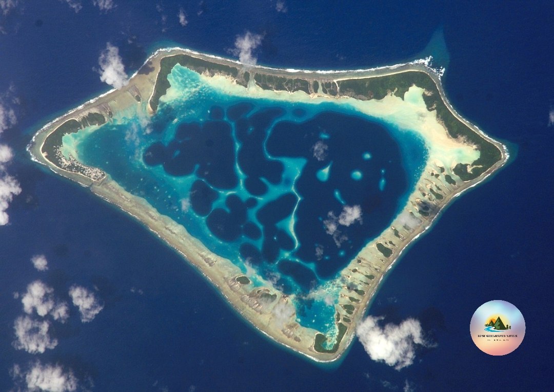 #Geography

■  ATOLL

#coralreefs

◇ A ring of narrow growing corals of horseshoe shape and crowned with palm trees is called atoll. It is generally found around an island or in elliptical form on a submarine platform.(1)