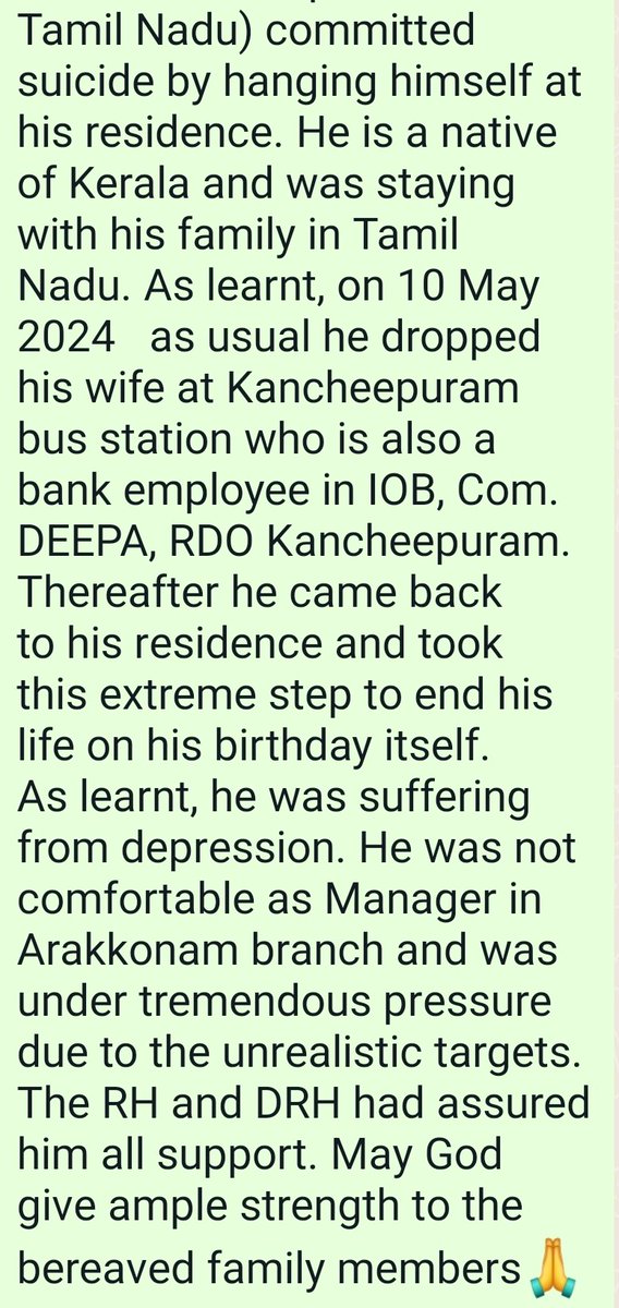 Another incident of sucide by a Branch Manager. 🙏 RIP