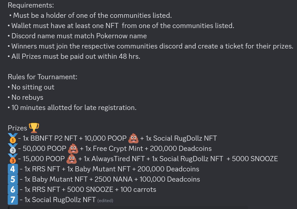 DRIP Communities Collab Poker Hosted by: The Bear and Bull NFT tonight at 8pm EST!!! COMMUNITIES Baby Ape Club RugDollz AlwaysTired Crypt Robotic Rabbit Syndicate Tap into our Discord for more info