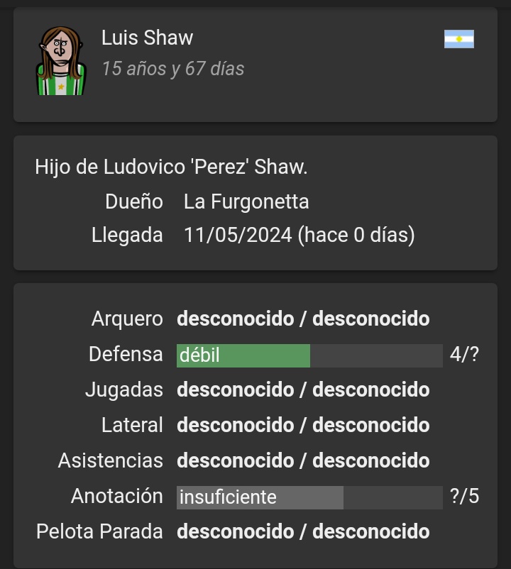 🧔🏼Ludovico Shaw despues de semanas de viajar y viajar ojeando jugadores dijo:
"Ah cierto, tengo un hijo"
Esto es lo lindo de las ultimas actualizaciones de ht: Familias.
El hijo de uno de los 4 fundadores esta en la Furgonetta.
