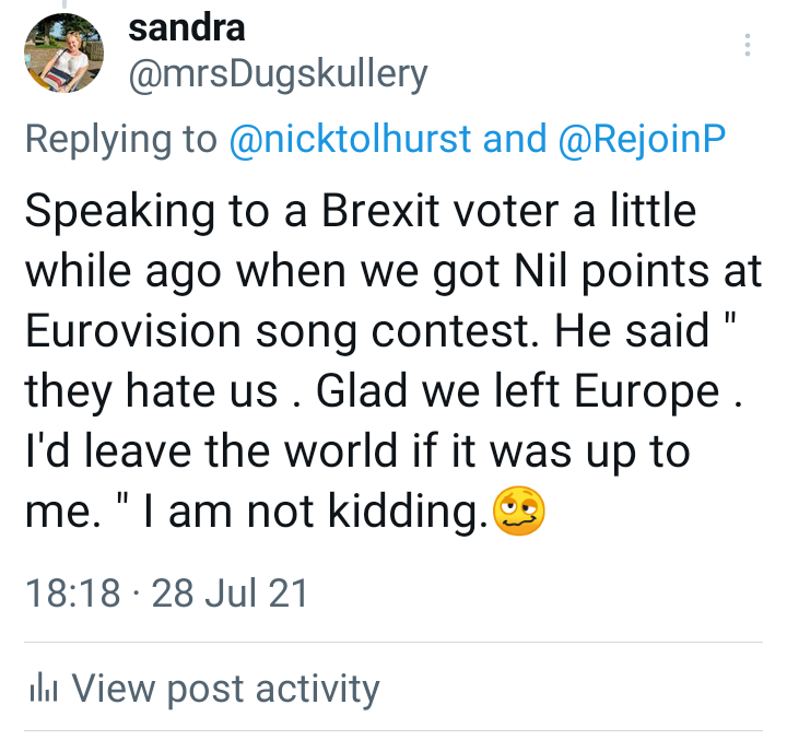 Isn't it strange that all those 'small boats' obsessives didn't even want to be in the Eurovision Song Contest after Brexit. Now they are dressed up as ABBA, chilling the lager and throwing a party. Don't believe me? In 2021 I tweeted this.👇 🙄👀💃🕺
