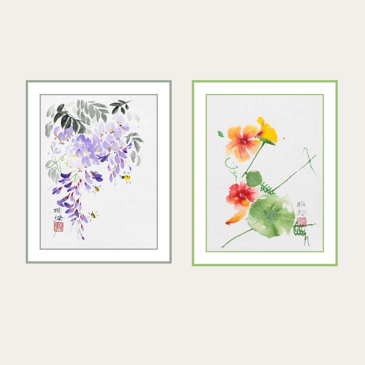 New in my shop: #summerflowers, #wisteria  and #nasturtium. Ink and watercolours on rice paper. #sumie #sumiartist #canadianartist #bokusaiga #japaneseart #suibokuga 

yasamt.etsy.com/listing/172955…