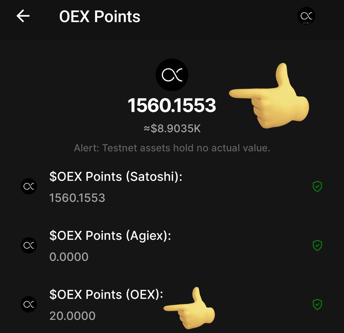 🎉 Congratulations to all members of the $OEX community! 🎉 Today is a great day as we have successfully connected the testnet with the $OEX app and Gmail of Satoshi app with $OEX. Everyone should have received their $OEX points! 🚀 Did you receive yours? Let us know by replying