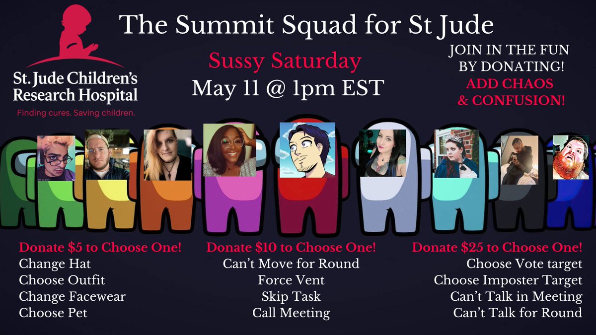 I forgot to post on twitter!  Hey <a href="/AmongUsGame/">Among Us</a> We have a super cool group playing for <a href="/StJudePLAYLIVE/">St. Jude PLAY LIVE</a> over on <a href="/Twitch/">Twitch</a> and you can donate to cause ALL THE CHAOS!

twitch.tv/lady_brittany

tiltify.com/@lady_brittany…