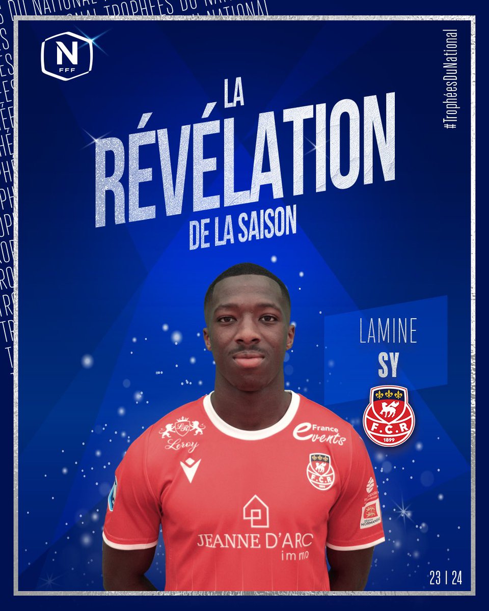 ligue3_fff's tweet photo. 𝐋𝐚𝐦𝐢𝐧𝐞 𝐒𝐲, latéral droit du @FCRouen, remporte le premier Trophée de la soirée, celui de la 𝐑𝐞́𝐯𝐞́𝐥𝐚𝐭𝐢𝐨𝐧 𝐝𝐞 𝐥𝐚 𝐬𝐚𝐢𝐬𝐨𝐧 𝟐𝟑-𝟐𝟒 de #NationalFFF 🔥👏

#TrophéesDuNational 🏆✨ https://t.co/oNSS7Egl4I