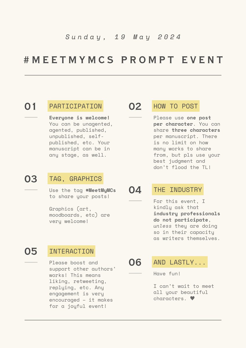 it's happening! I'm so excited to launch #MeetMyMCs on Sunday, 19 May. this is a #writingtwt prompt event focused on main characters and their development arcs. it's intended to be a *very* informal, fun event to celebrate the characters that make up the hearts of our stories! ♥️