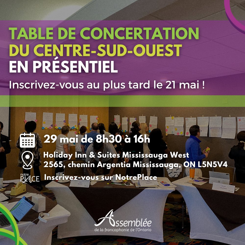 La prochaine table de concertation du Centre du Sud-Ouest aura lieu le 29 mai à Mississauga. Ensemble, avançons. Rejoignez-nous et participez à la conversation ! #ONfr Pour vous inscrire : ow.ly/YGWF50RCqi4