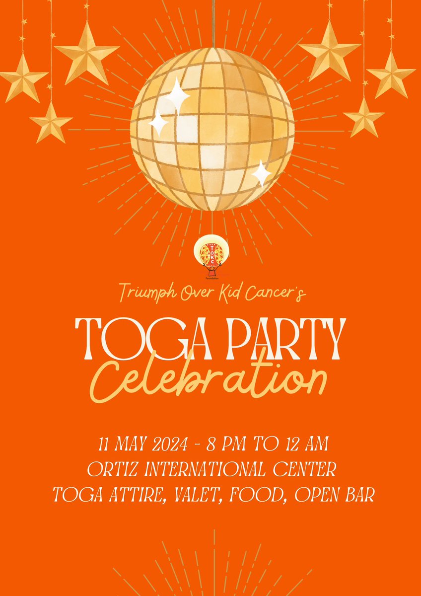 TONIGHT! Don’t miss TOKC’s Toga Party at Ortiz International Center at 8pm! See you then!🧡

#tokc #triumphoverkidcancer #pediatriccancerawareness #togaparty