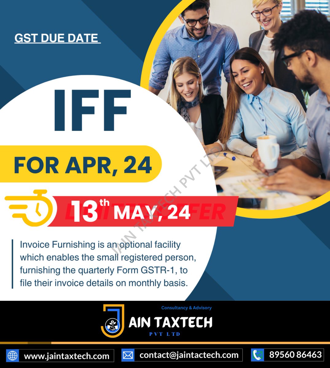 Take Advantage of IFF - Invoice Furnishing Facility! 📝✨ Small registered persons filing quarterly GSTR-1 can now submit invoice details monthly. Simplify your compliance with Jain TaxTech! 💼📅 #IFF #InvoiceFurnishing #TaxCompliance #JainTaxTech #GSTFiling #BusinessGrowth