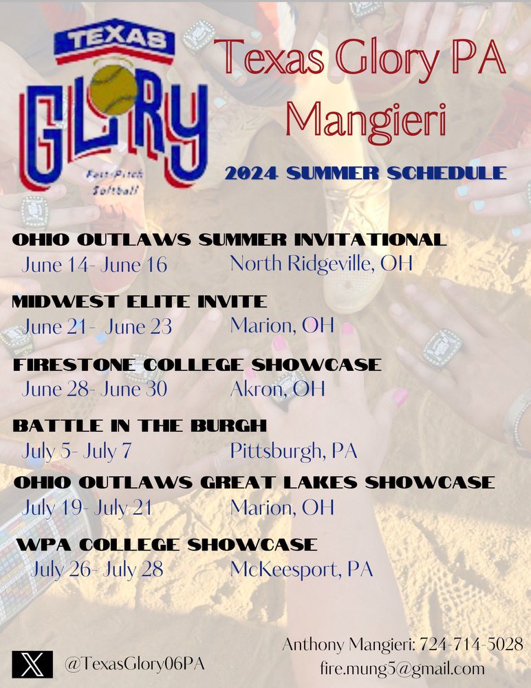Texas Glory (PA) Summer Schedule

✔️32-4 record last summer

✔️team consists of 2024, 2025, 2026, and 2027 grad years 

Commits:
Keara Mangieri     PITT              2025
Abigale Measel    ASHLAND  2024
Mallory Gorgacz  MARIETTA  2024
Graeson Grubbs  WAYNESBURG  2024