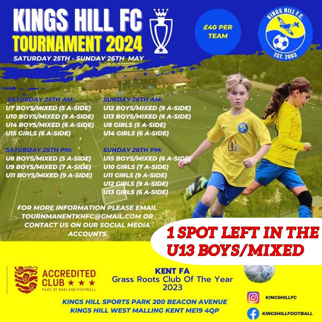 🚨1 SPACE AVAILABLE 🚨 Our Summer Tournament is quickly approaching and we can’t wait to see all the teams battle it out on what promises to be a great weekend of football! We have 1 space available in our U13 Boys/Mixed section - please get in contact if interested! 🟡🔵