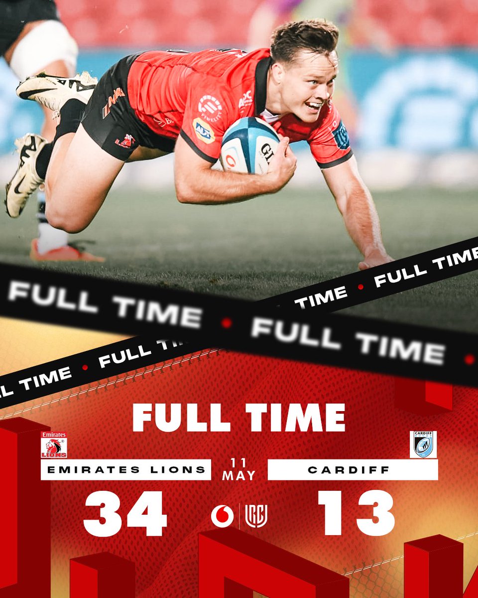 𝗙𝘂𝗹𝗹 𝘁𝗶𝗺𝗲: Emirates Lions 34 – 13 Cardiff
Joburg, your ROAR fuels our fire!
#LIOvCAR @Vodacom #URC #UnitedWeRise  
#LionsPride🦁