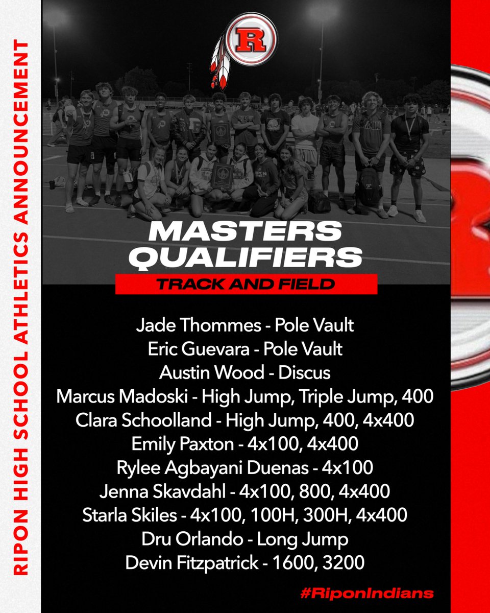 Congratulations to all athletes from our Track and Field teams who have qualified for Masters next week in Davis! @MantecaSports @Quade1095 @ShannonBelt3 @cifsjs @riponstrong @kinseypettigrew #RiponIndians