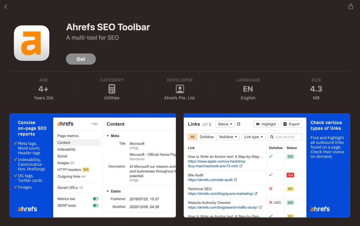 NEW: Ahrefs SEO Toolbar available for Safari 🙌

We’ve brought all our free features to Safari, including:

✅ On-page reporting
✅ Country search simulator
✅ and many more!

Note: Due to app store policies, SEO metrics are not available.

Download: apps.apple.com/us/app/ahrefs-…