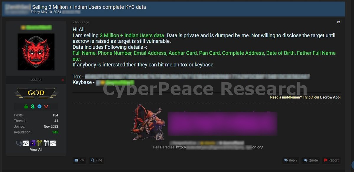 🚨#DataBreach Alert⚠️:  Allegedly, KYC details of over 3M Indian users are for sale🇮🇳. Threat actors claim to possess PII such as names, emails, phones, Aadhar cards, PAN cards, addresses, DoB etc.

Stay Vigilant🔐🛡️

#CyberPeace #Cybersecurity #CyberPeaceAlert #infosecurity