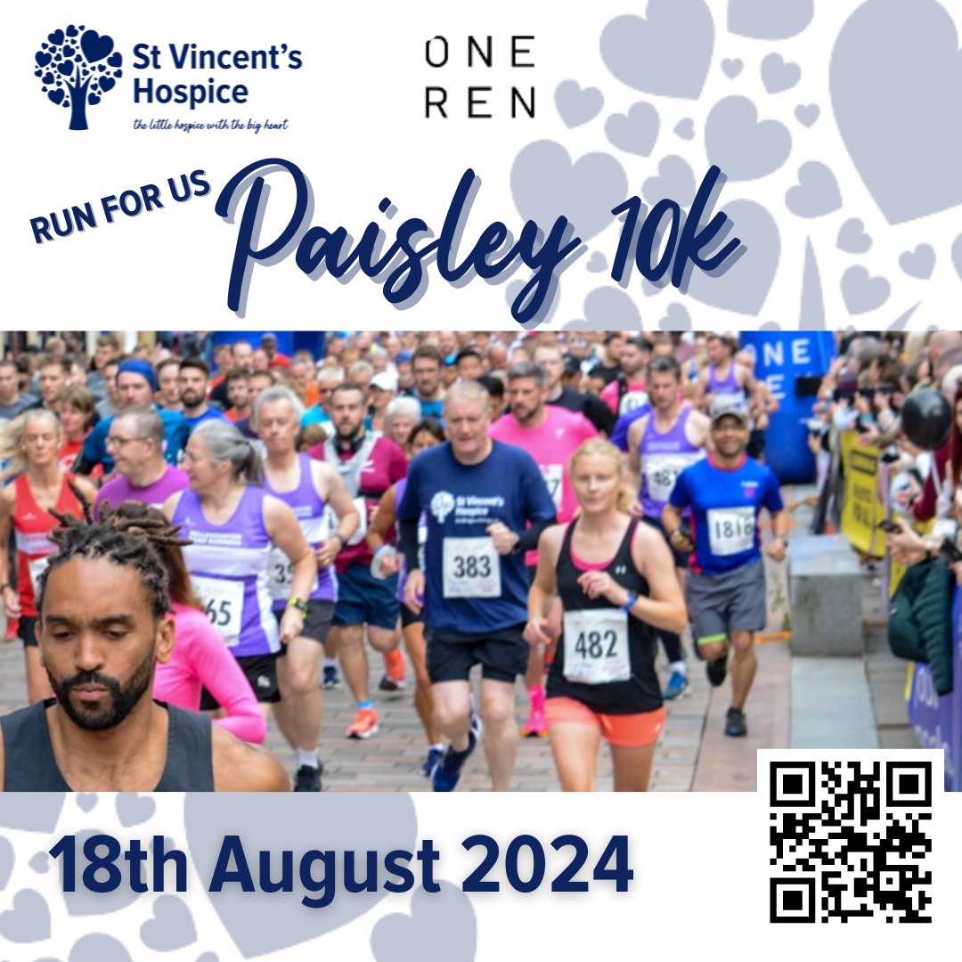 Run for us! Paisley 10K - 18th August 2024 👟Sign Up before 14th June 2024 to get your FREE space 👟Raise a minimum of £250 👟Our team will be on hand to support you throughout Grab your FREE place scan the QR code or contact the fundraising team at 📧fundraising@svh.co.uk