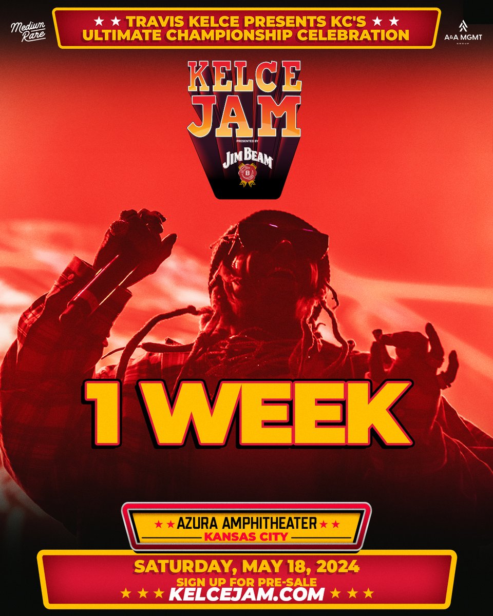 Only 1 WEEK to go until the party starts at Kelce Jam Presented by @JimBeam! Get ready for an unforgettable kickoff to summer with @tkelce. Tickets are 95% sold out and all will be sold - get yours while you still can at KelceJam.com 🏆🏈