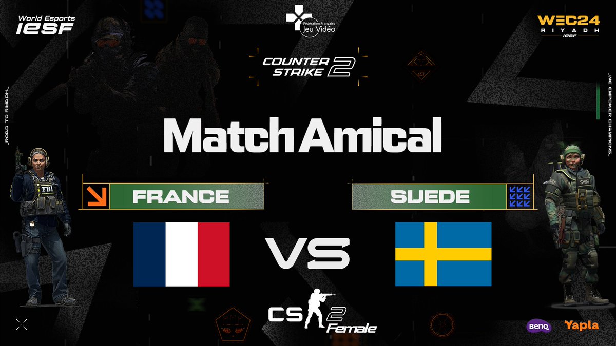 demain 17 h sur la chaîne Twitch de la FFJV !👉 bit.ly/3UCew3m la scène eSport féminine s'embrase avec un match amical de CS:2 opposant la France à la Suède ! Préparez-vous pour des moments intenses #CSGO #eSports #gaming #GamingNews