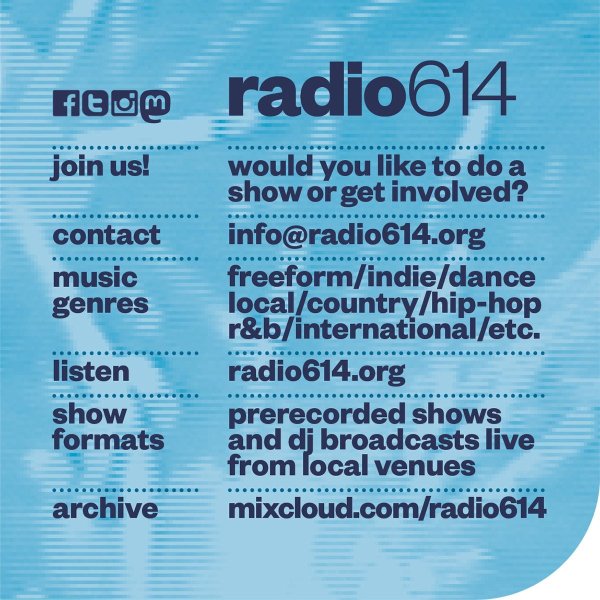All about @radio614 -- Want to do a show or get invloved as a volunteer? Contact us at info@radio614.org -- + Listen at -- radio614.org -- and -- mixcloud.com/radio614/
