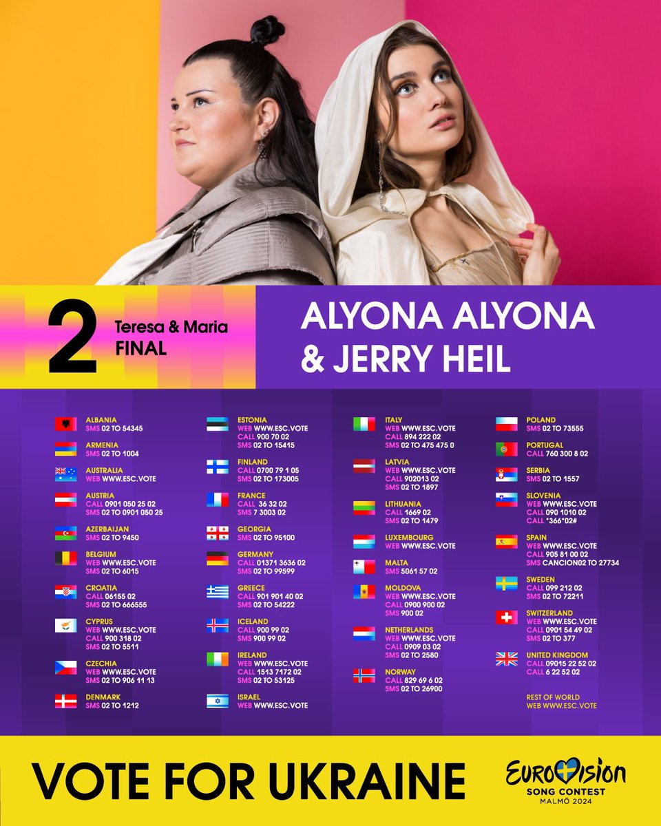 🇺🇦 Vote for Ukraine in Eurovision final! alyona alyona & Jerry Heil with song 'Teresa & Maria' will perform under #2.

Audience voting in final will start as soon as first participant takes stage and will end 40 minutes after all contestants' performances ✅ 

Voting numbers ⬇️