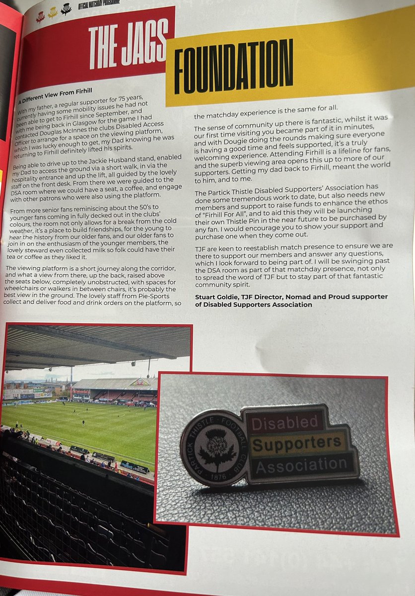 Who caught the article written by our friend & @Jags_Foundation Director, @Norgethistle in yesterday’s programme? A very good review of the Accessible Viewing Platform located in the Jackie Husband Stand ♿️🇧🇪 DSA Pins on sale to the wider fanbase soon too! Watch this space… 😉