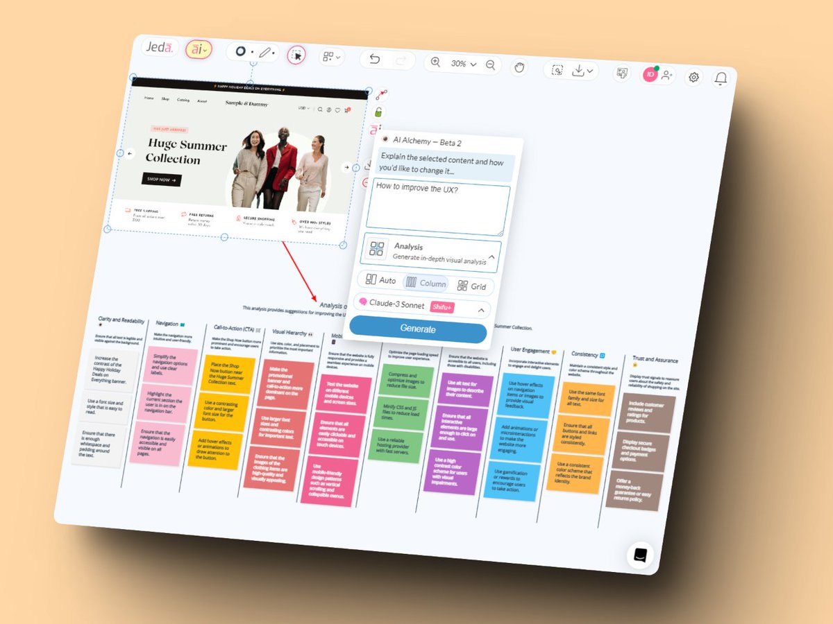 #PromptOfTheDay 🎭 Upload & select your wireframe, choose Analysis as Alchemy output and use this command - 'How to improve the UX?'

👉 Try today at jeda.ai/generative-ai-…

#JedaAI #GenerativeAI #VisualPrompt #AI #Transformation #Alchemy #web #ui #ux #Design #Feedback #aiart