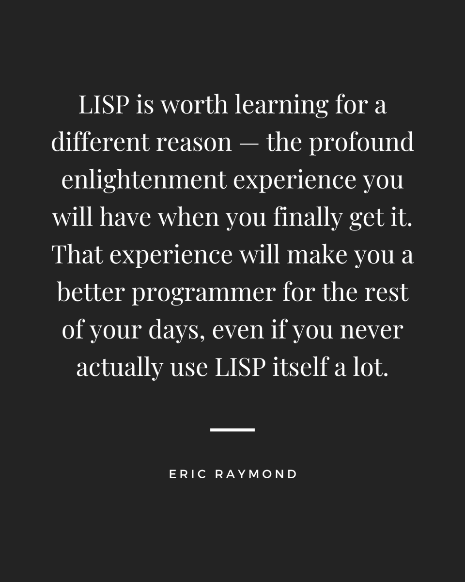 jcubic's tweet photo. Do you know that Lisp is the second oldest programming language that is still in use?

Learning lisp can make you a better developer even if you don't use it

I recommend starting with Scheme. This is the language that inspired JavaScript. And the reason you have  closures https://t.co/83HxFXaNv2