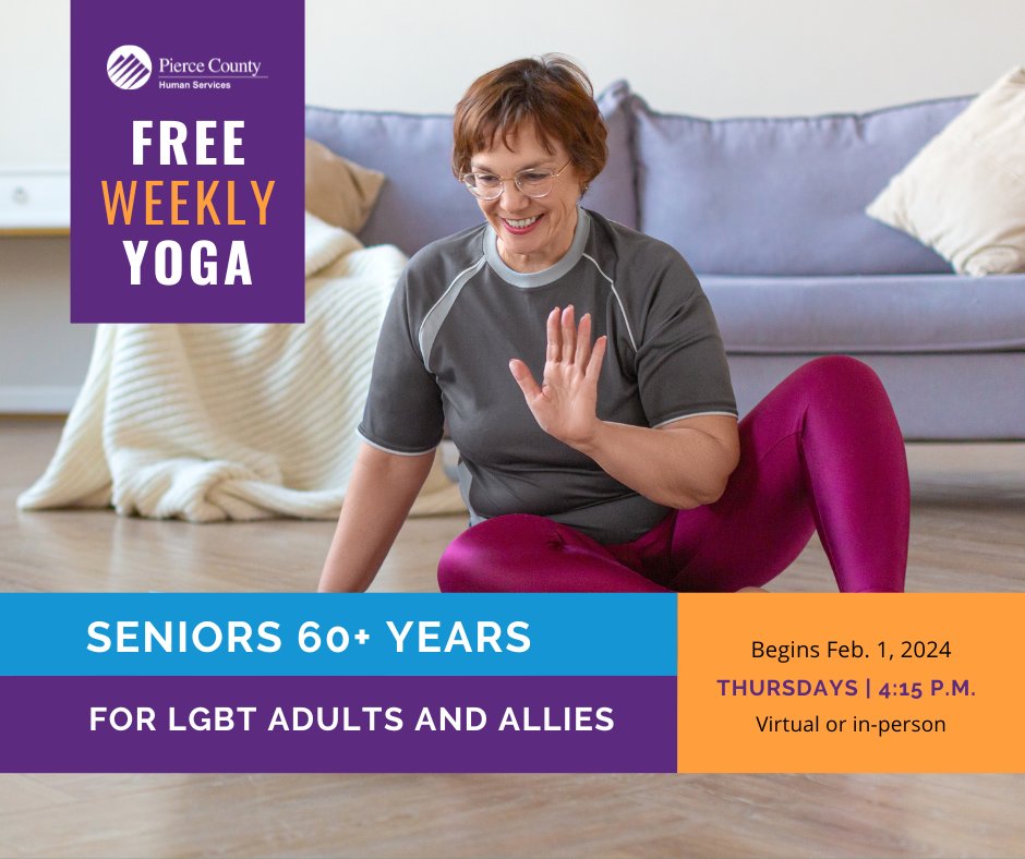 Free weekly yoga for LGBT adults and allies is back! 🧘 Starting Feb. 1, seniors age 60+ can enjoy the weekly sessions in-person at the Pt. Defiance-Ruston Senior Center (4716 N. Baltimore St. in Tacoma) or virtually. Pre-registration required 👇 bit.ly/PCadrYOGA