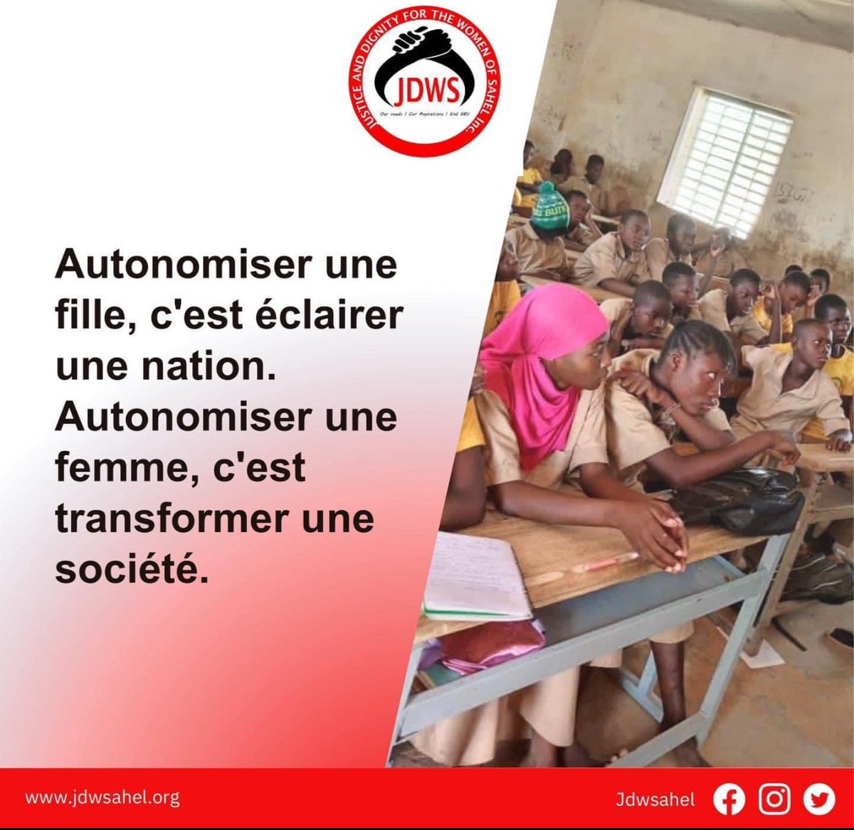 jdwsahel's tweet image. Unis pour l&apos;émancipation des femmes – clé d&apos;un futur lumineux et juste. Rejoignez-nous dans ce combat pour l&apos;égalité.

#JDWS #Empowerment #ÉgalitéFemme #ÉducationPourToutes #SWEDD #DroitsDesFemmes

JDWS - Justice et Dignité pour les Femmes du Sahel