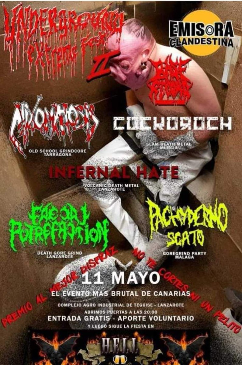 Ep! Ens havíem deixat un concert d'avui de 🔥#metalcatalà🔥. Els Mixomatosis toquen a l'Underground Extreme Fest II a Lanzarote. Grind a sac. Ull al Volcanic Death Metal!