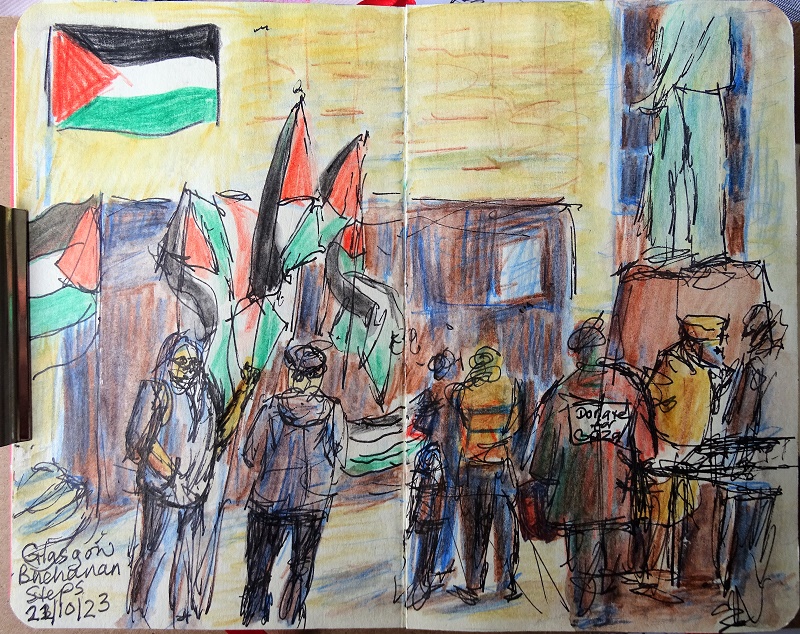 Some sketches done at protests in Glasgow over the last few months, in my tiny sketchbook. Planning to try doing some bigger paintings at home @ggectee