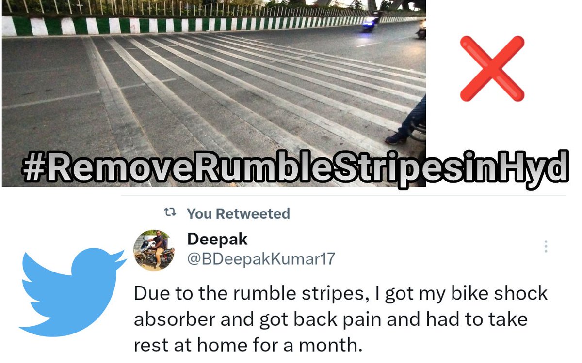 Daily reminder-Day 82 to GHMC Rumble strips are not suitable for Hyderabad Traffic. How can anyone slowdown beyond minimum speed of the road? #removerumblestripsinHyderabad @CommissionrGHMC @GHMCOnline @swachhhyd @HYDTP @HYDTrafficMan