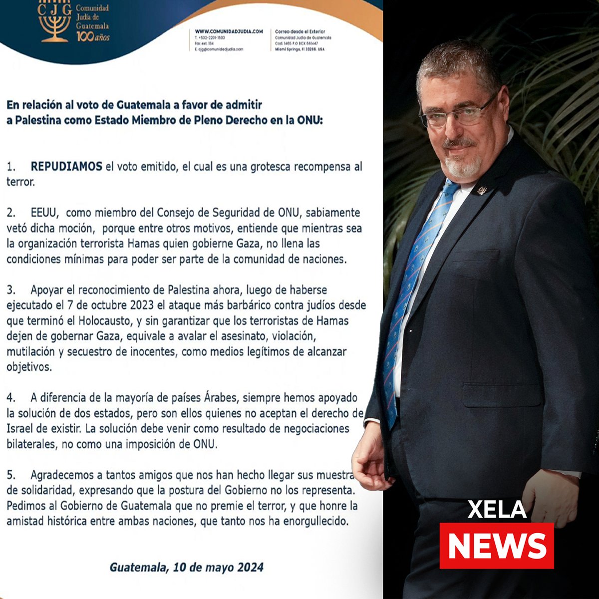 En relación al voto de Guatemala a favor de admitir a Palestina como Estado Miembro de Pleno Derecho en la #ONU, La Comunidad Judía de Guatemala, REPUDIA el voto emitido por el @GuatemalaGob de #BernardoArévalo, el cual afirman, es una grotesca recompensa al terror.
#XelaNews 🇫🇷