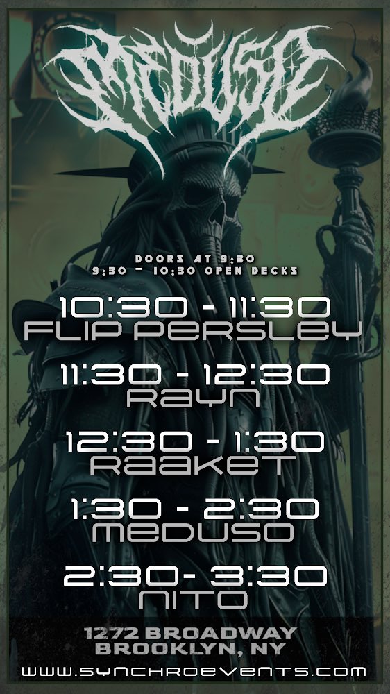 Meduso in NY tonight🗽
Set times out!

We are stoked for this show!
Great sets from Raaket and more waiting for us 😎
 
Use code Synchrofam. 
See you there 🛸

posh.vip/f/b430?t=synch…