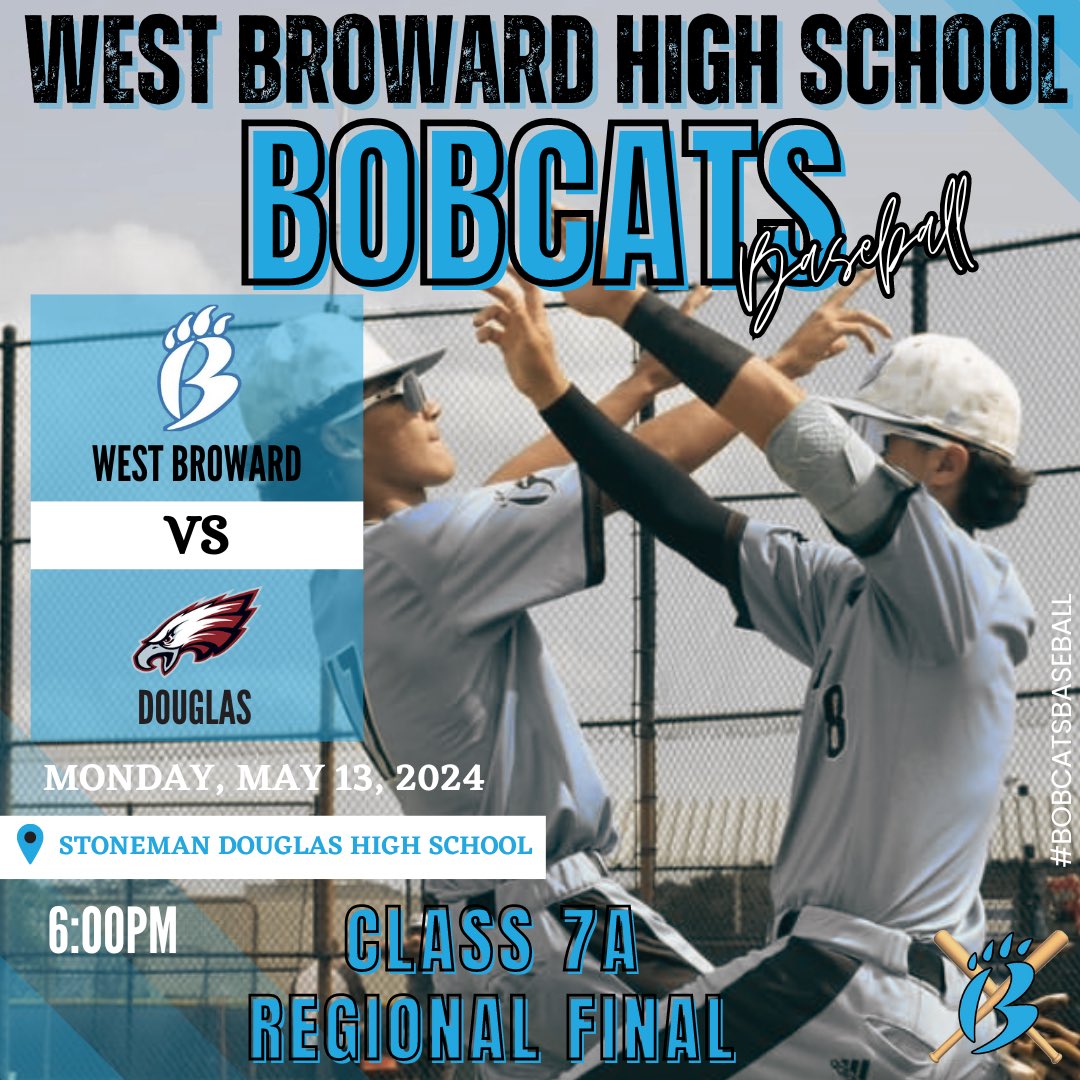 🚨CALLING ALL BOBCATS 🚨 We want to see you at our Regional Finals game Monday night. Let’s pack the stands. Show up in your Bobcats blue! @WestBrowardHigh @DavidRosenbergg @JoeFrisaro @BCAA_Sports #bobcatsbaseball #springball2024 #playoffs #regionals #roadtostates