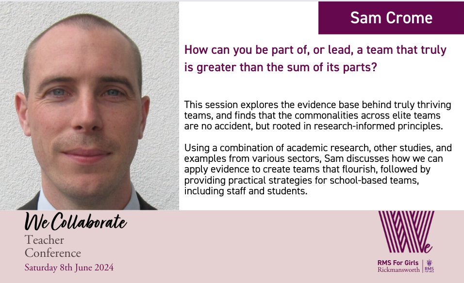 The time when we choose our workshops for #WeCollaborate24 approaches! This will be an amazing session from the one and only @Mr_Crome. Do you have your ticket yet? Programme and more details are here: rmsforgirls.com/wecollaborate/
