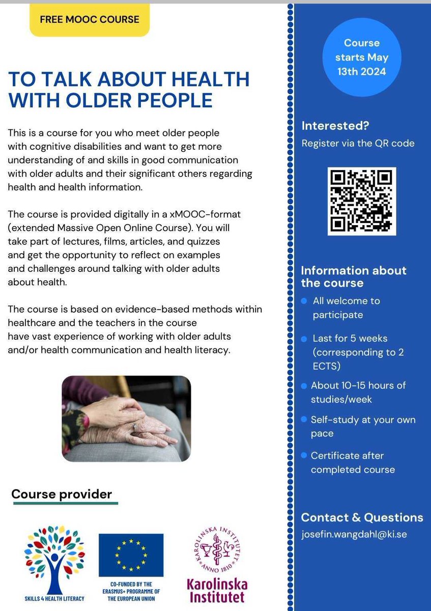 This MOOC starts on Monday 
Talking about health with older people ki.se/en/nvs/skills4…