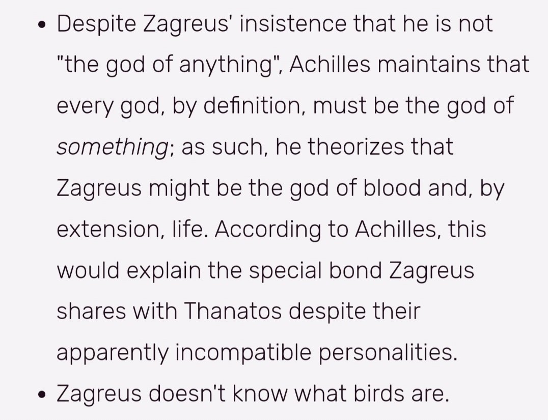 belllmonts's tweet image. the hades wiki: in depth analysis about the close relationship between zagreus and thanatos as the gods of life and death
also the hades wiki: zagreus doesn&apos;t know what birds are