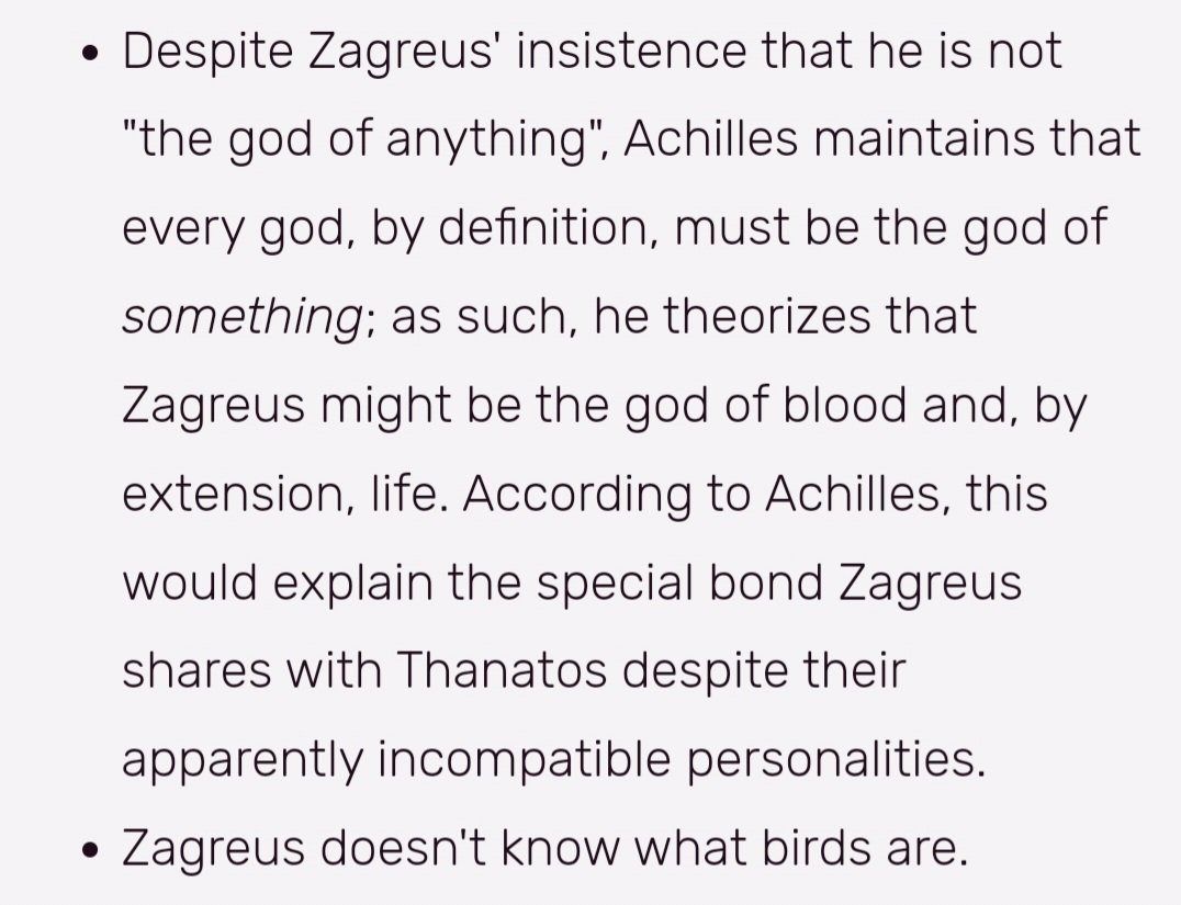 the hades wiki: in depth analysis about the close relationship between zagreus and thanatos as the gods of life and death
also the hades wiki: zagreus doesn't know what birds are