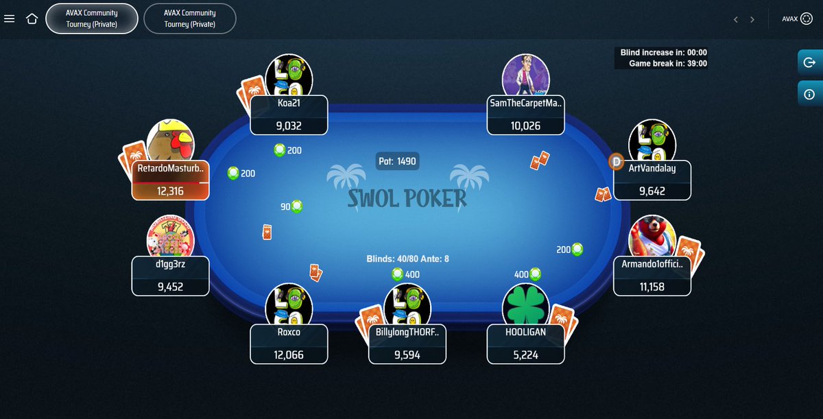 #BigRed community following along the live Loco Poker tournament with other $AVAX communities live on our Telegram Voice Chat! Join Us: t.me/TheBigRedTD @Loco_Poker $COQ $AVAX $TD #AvaxMeme #LocoPoker