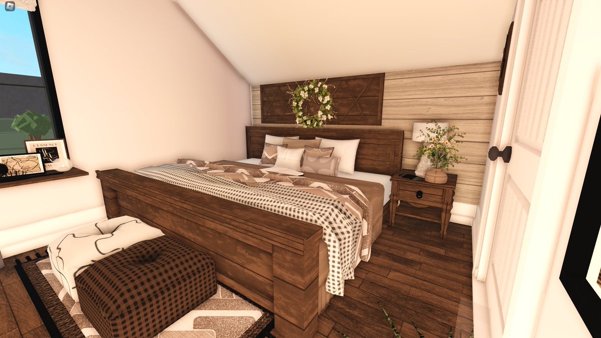 bedroom i made in my farmhouse! #bloxburg #bloxburgbuilds #welcometobloxburg house is done btw! ill add more photos soon <3